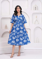 Blue tropical printed  Cotton Dress