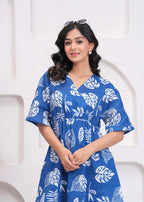 Blue tropical printed  Cotton Dress