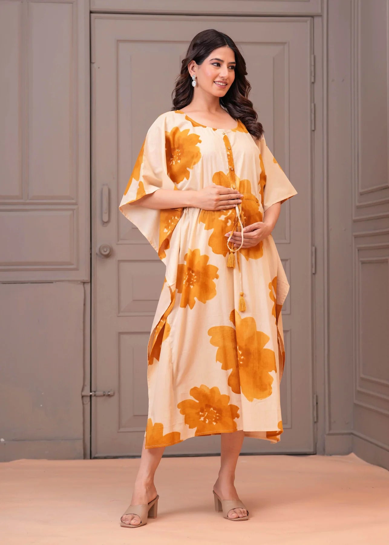 Mustard Floral printed Kaftan Maternity Dress