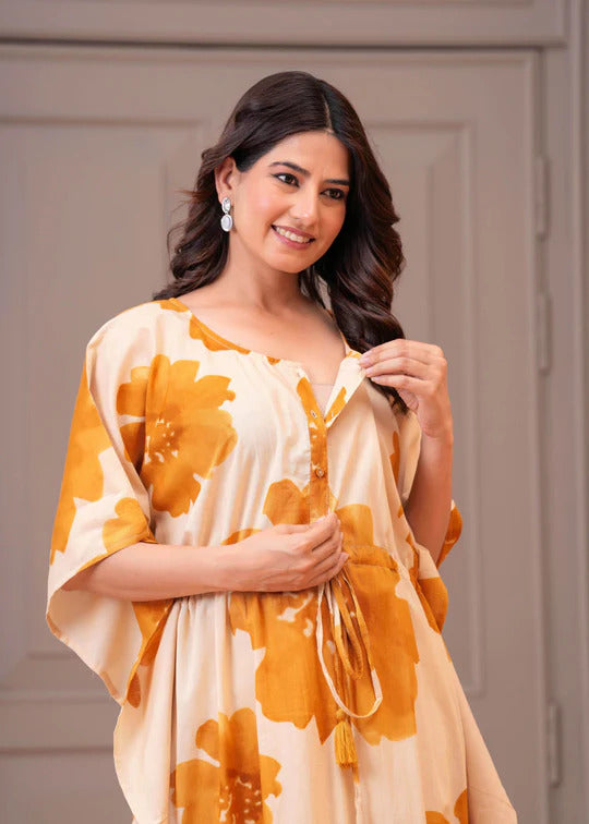 Mustard Floral printed Kaftan Maternity Dress