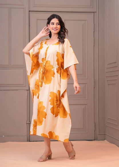 Mustard Floral printed Kaftan Maternity Dress
