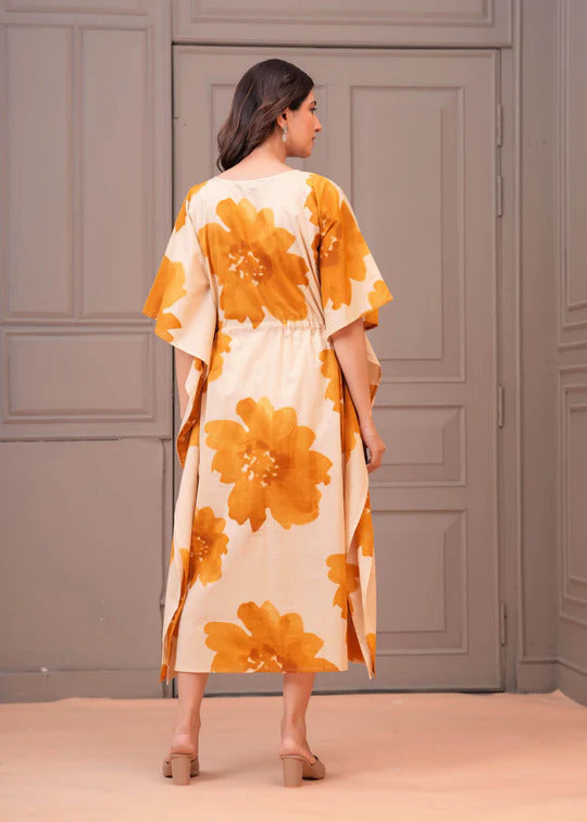 Mustard Floral printed Kaftan Maternity Dress