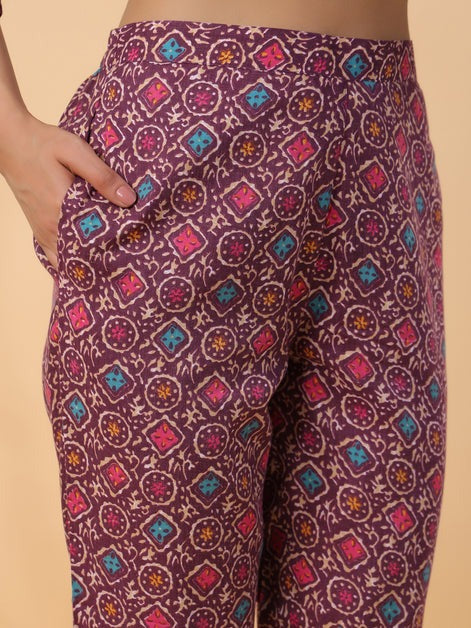 Wine Ajrak Printed Cotton Blend Anarkali Kurti Palazzo Set With Dupatta