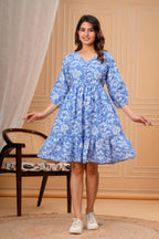 Blue Floral printed Cotton Dress