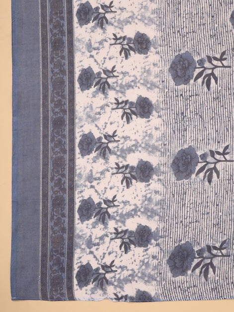 Blue Grey Floral Printed Cotton Blend Kurti Set