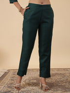 Solid Green Cotton Blend Zari Embroidered Kurti Pants Set with Dupatta