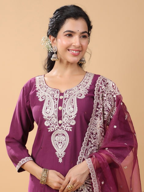 Wine Embroidered  Silk Kurti Palazzo With Dupatta