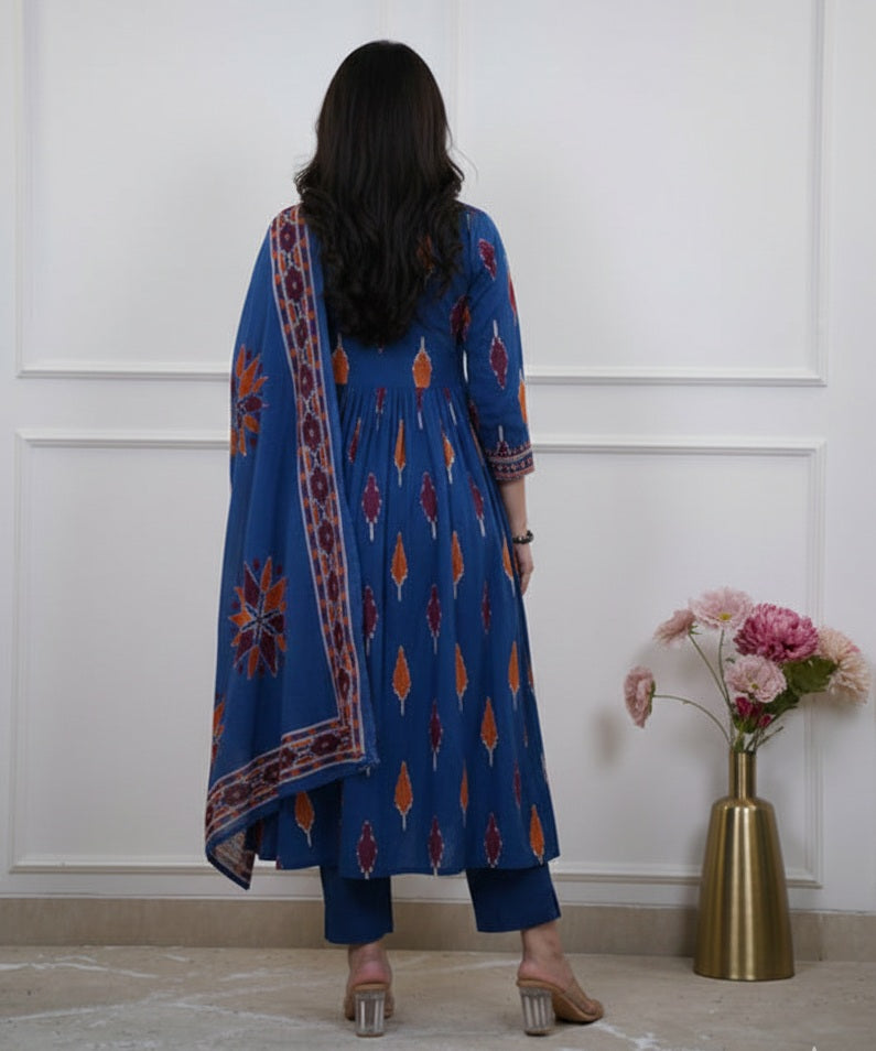 Printed Blue Rayon Anarkali Kurti Set