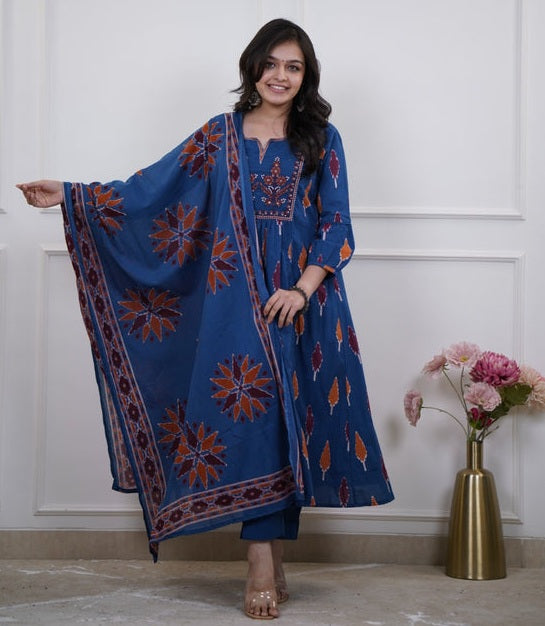 Printed Blue Rayon Anarkali Kurti Set