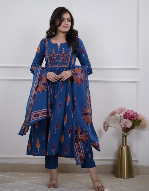 Printed Blue Rayon Anarkali Kurti Set