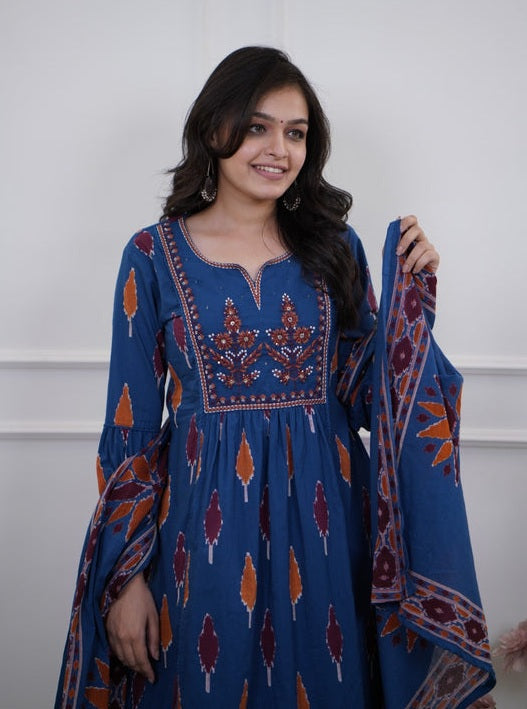 Printed Blue Rayon Anarkali Kurti Set