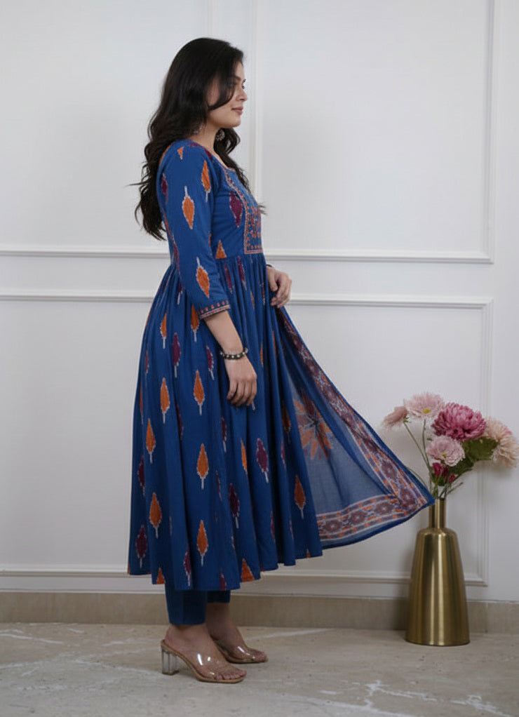 Printed Blue Rayon Anarkali Kurti Set