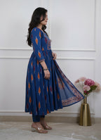 Printed Blue Rayon Anarkali Kurti Set