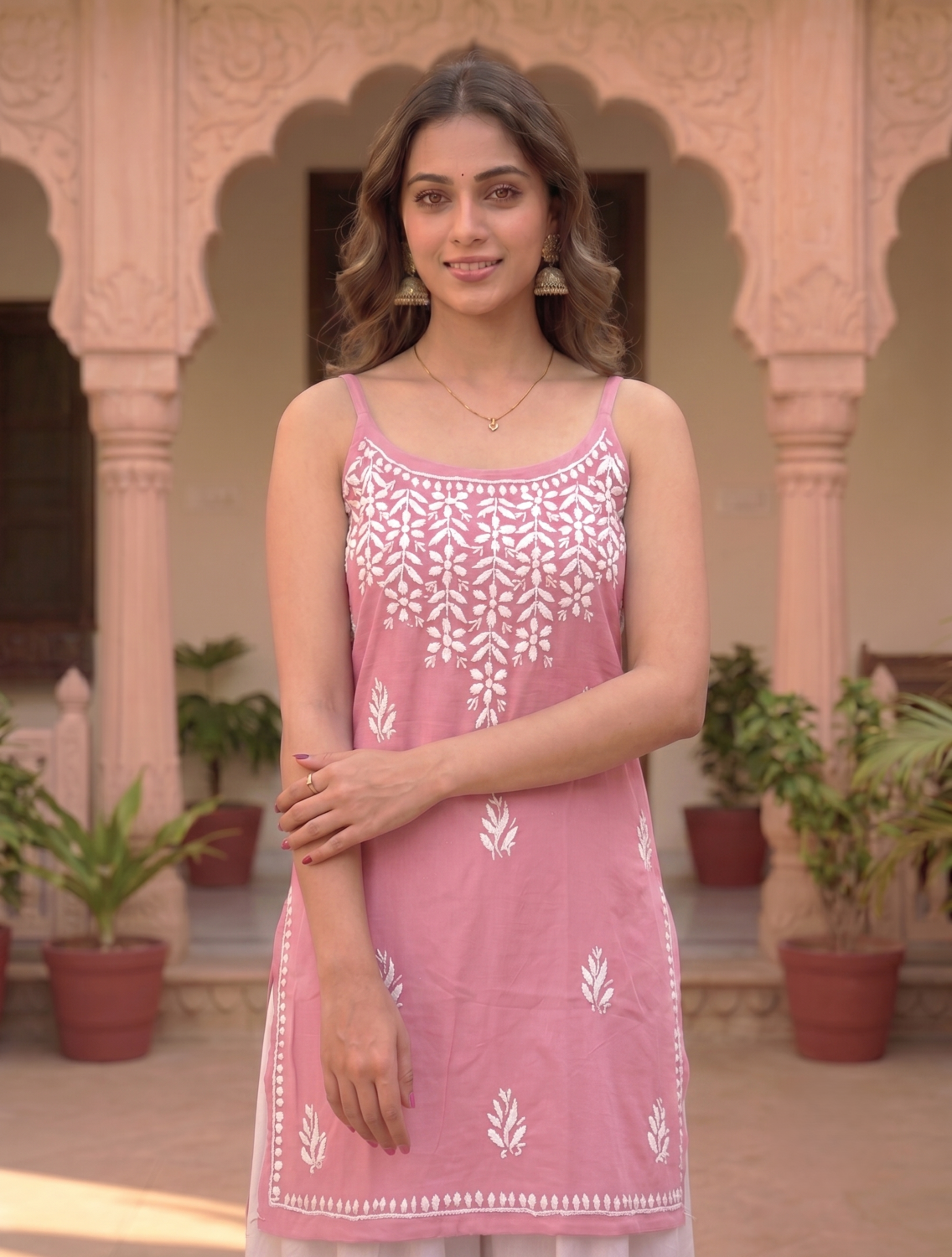 Rayon Chikankari Sleeveless Medium Length kurti Top