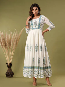 White Soft Mul Cotton  Flared Full Length Dress with Dupatta