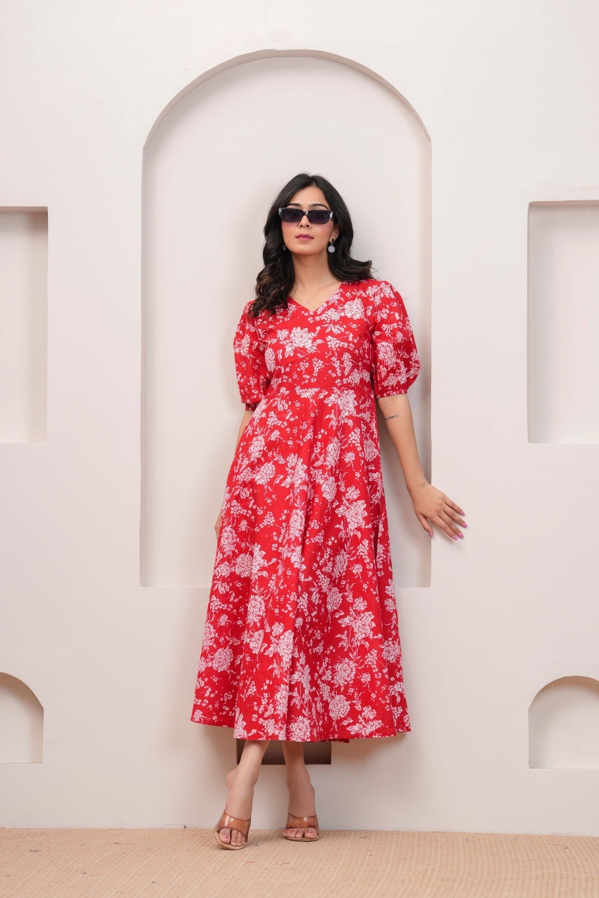 Red Floral printed Cotton Dress