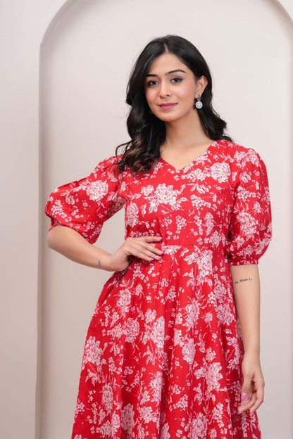 Red Floral printed Cotton Dress