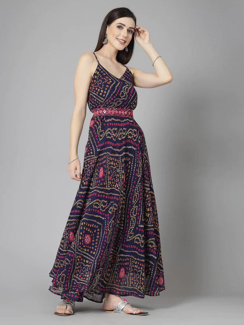 Georgette Bandhej printed Long Dress