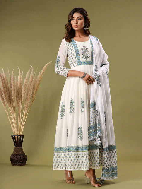 White Soft Mul Cotton  Flared Full Length Dress with Dupatta