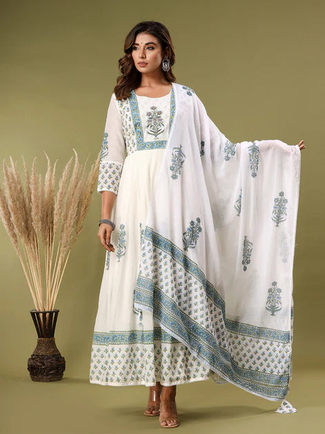 White Soft Mul Cotton  Flared Full Length Dress with Dupatta