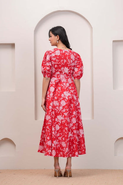 Red Floral printed Cotton Dress