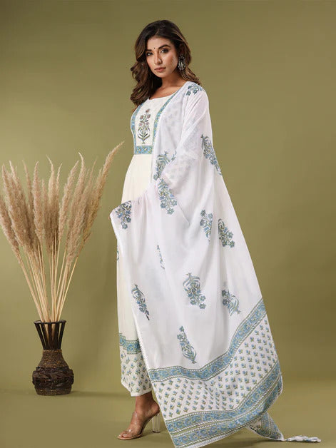 White Soft Mul Cotton  Flared Full Length Dress with Dupatta