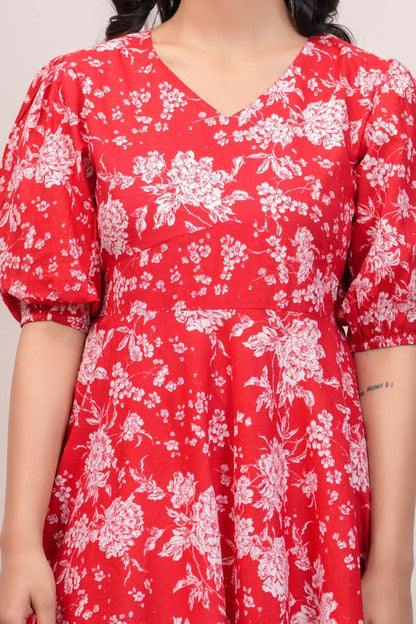 Red Floral printed Cotton Dress