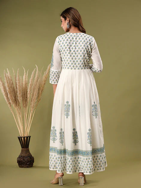 White Soft Mul Cotton  Flared Full Length Dress with Dupatta