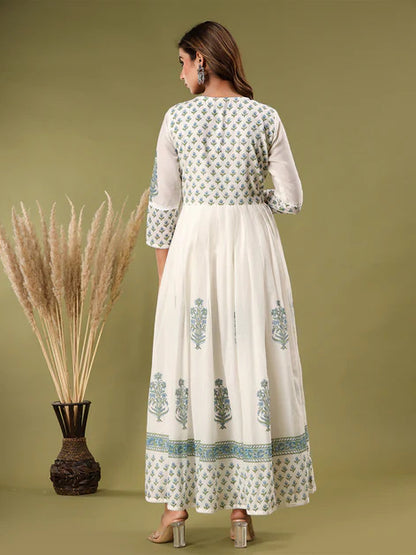 White Soft Mul Cotton  Flared Full Length Dress with Dupatta