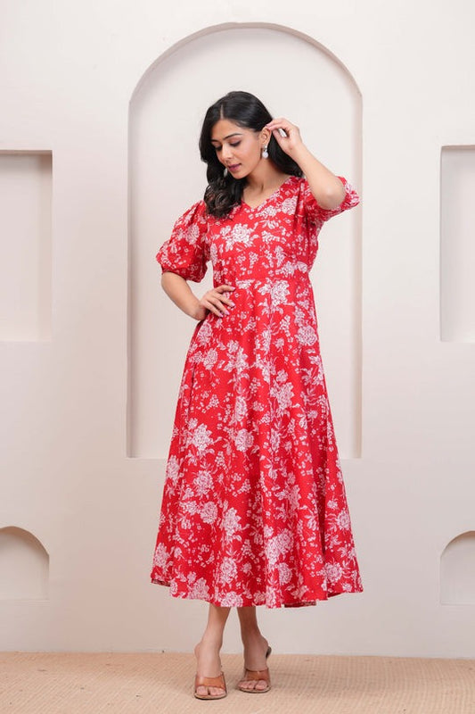 Red Floral printed Cotton Dress