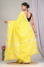 Lemon Yellow Linen Saree With Silver Border & Yellow and white Tassels