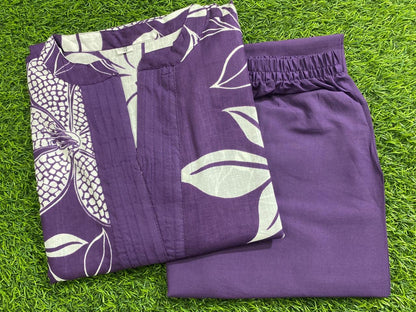Purple & White Floral Printed Printed Cotton Kurti Plazoo Set