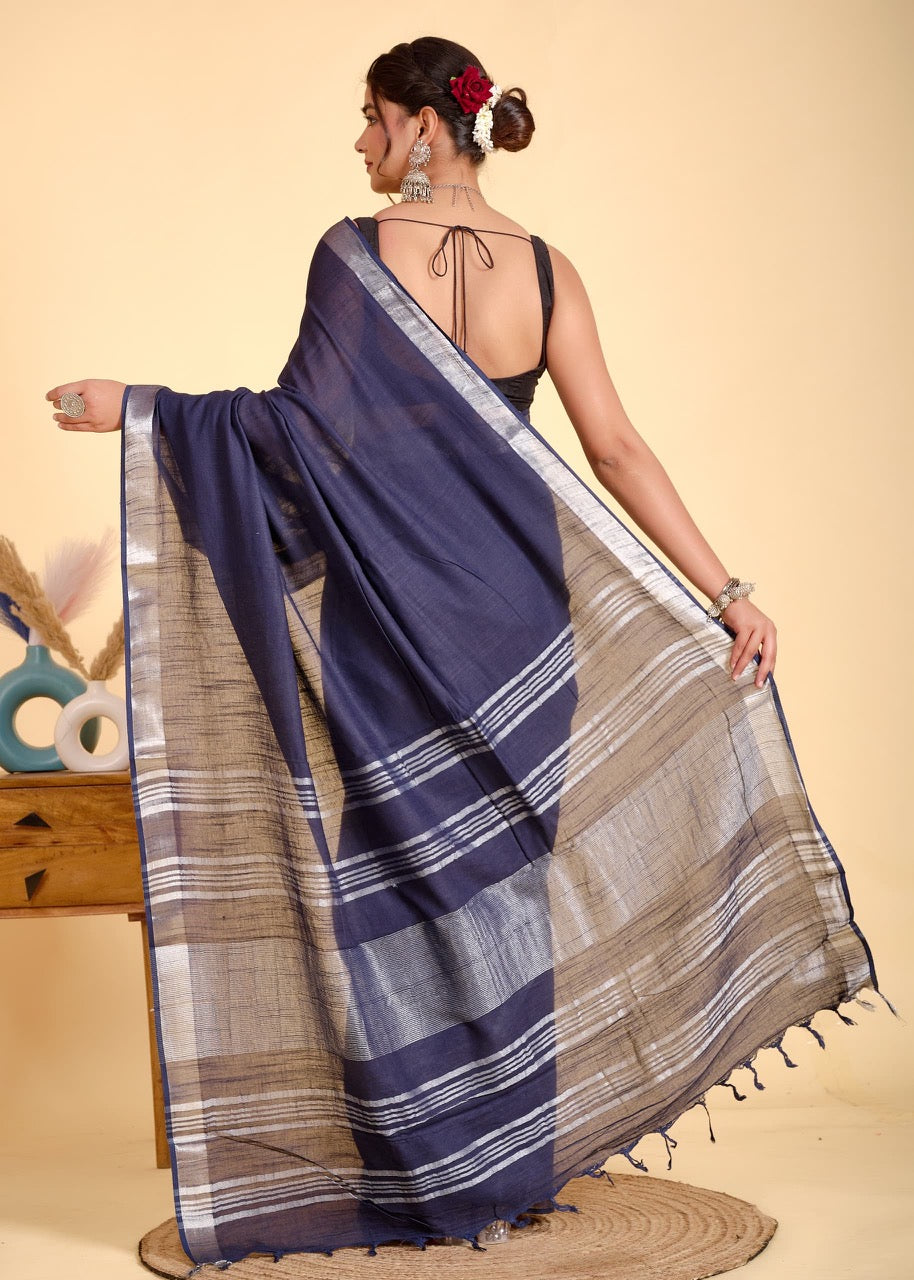 Navy Blue Linen Saree With Silver Border & Blue and white Tassels