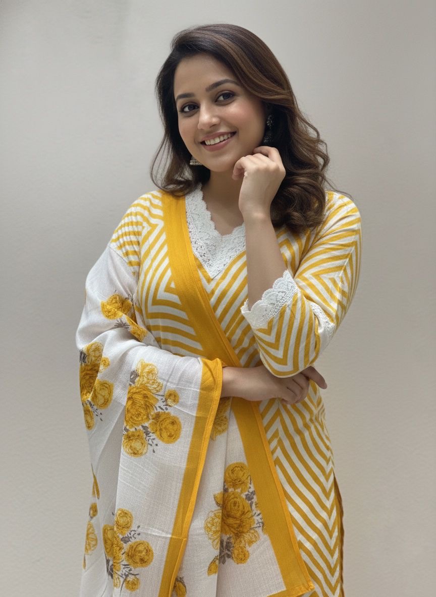 Pure Cotton Printed Lace Embroidered  Kurti Set