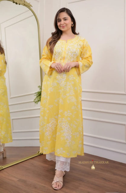 Yellow & White Chikankari Kurta And Palazzo Set