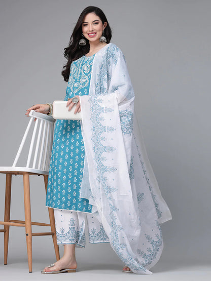 Turquoise & White Printed Rayon Kurti Palazzo Dupatta Set