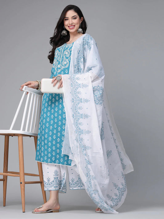 Turquoise & White Printed Rayon Kurti Palazzo Dupatta Set