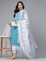 Load image into Gallery viewer, Turquoise &amp; White Printed Rayon Kurti Palazzo Dupatta Set
