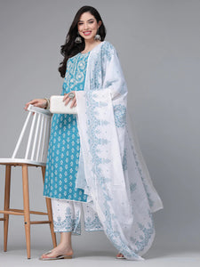 Turquoise & White Printed Rayon Kurti Palazzo Dupatta Set