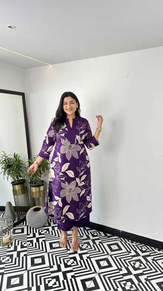 Purple & White Floral Printed Printed Cotton Kurti Plazoo Set