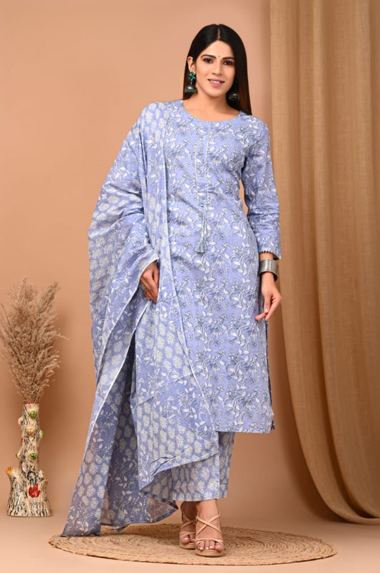 Light blue cotton printed kurti set