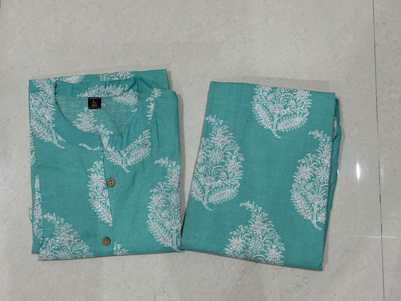 Turquoise Floral Printed Cotton Co-Ord Set