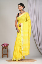 Lemon Yellow Linen Saree With Silver Border & Yellow and white Tassels