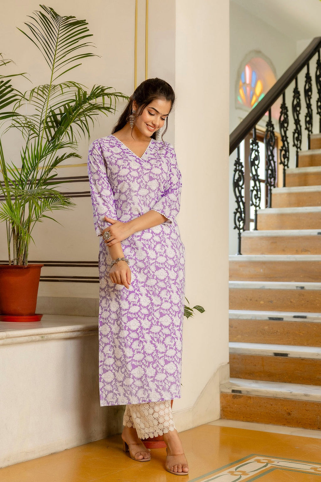 Light Purple Floral Printed Cotton Kurti Top (Top Only)