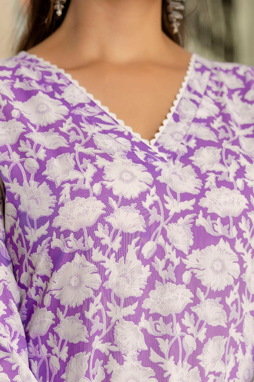 Light Purple Floral Printed Cotton Kurti Top (Top Only)