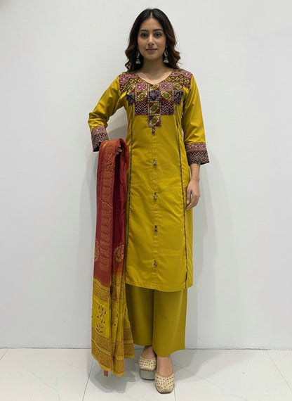 Mustrad Applique Embroidered Pure cotton Kurti Set