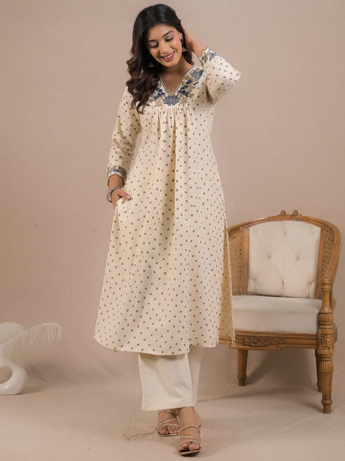 Off White Embroidered Cotton Flex Kurti With Pants Set