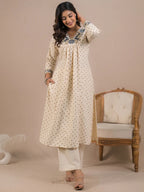 Off White Embroidered Cotton Flex Kurti With Pants Set