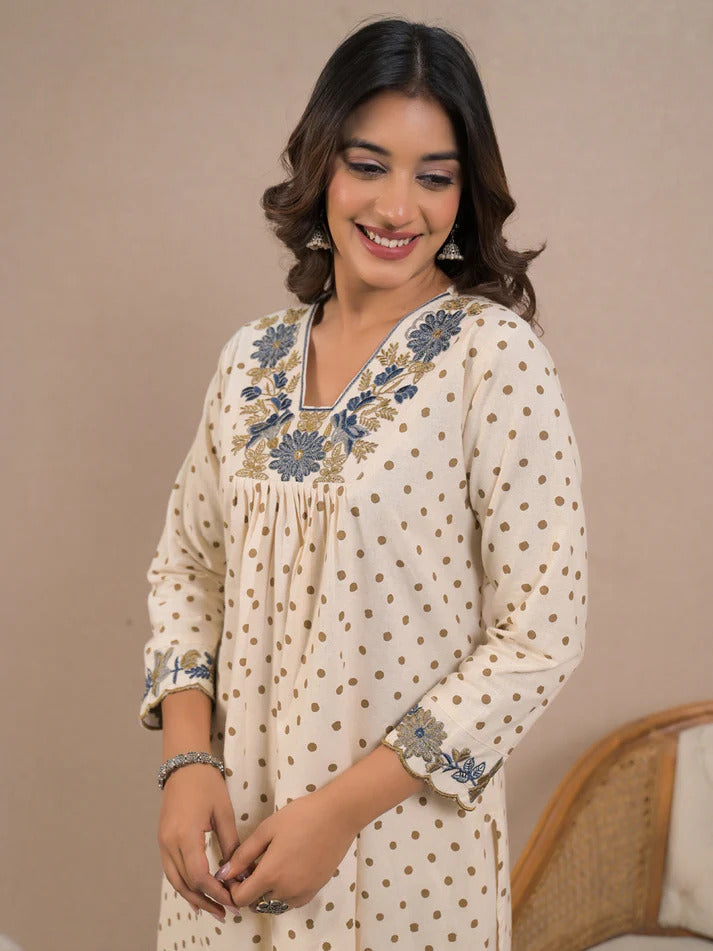 Off White Embroidered Cotton Flex Kurti With Pants Set