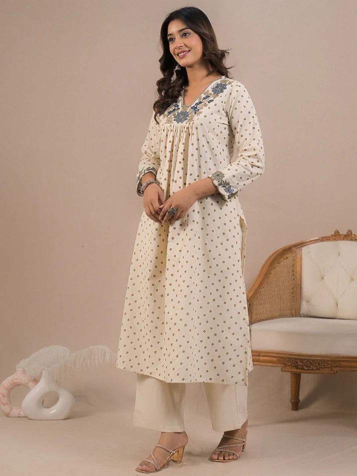 Off White Embroidered Cotton Flex Kurti With Pants Set